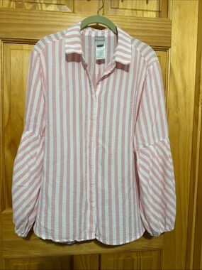 Chico's Peach & White Vertical Stripe Button Up Blouse, Balloon Sleeves. 16/18